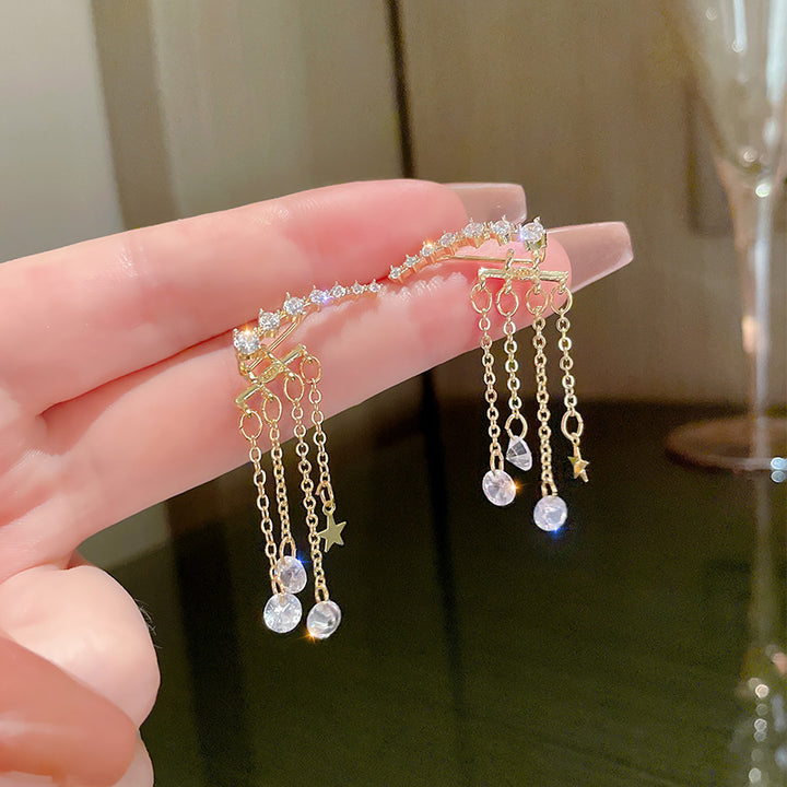 Star & Teardrop Diamond Tassel Stud Earrings, Luxury Long Chain Dangle Earrings, Gold & Silver Two Tones Available