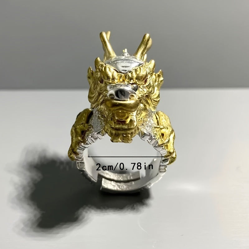 Two-Tone 3D Divine Beast Cloud Open Ring, S925 Silver Gold Plated Vintage Adjustable Wide Band For Men