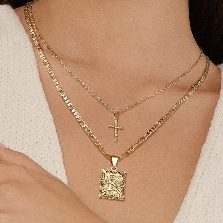 Vintage Engraved Initial Tag & Cross Layered Necklace (Personalized Light Luxury Street Style)