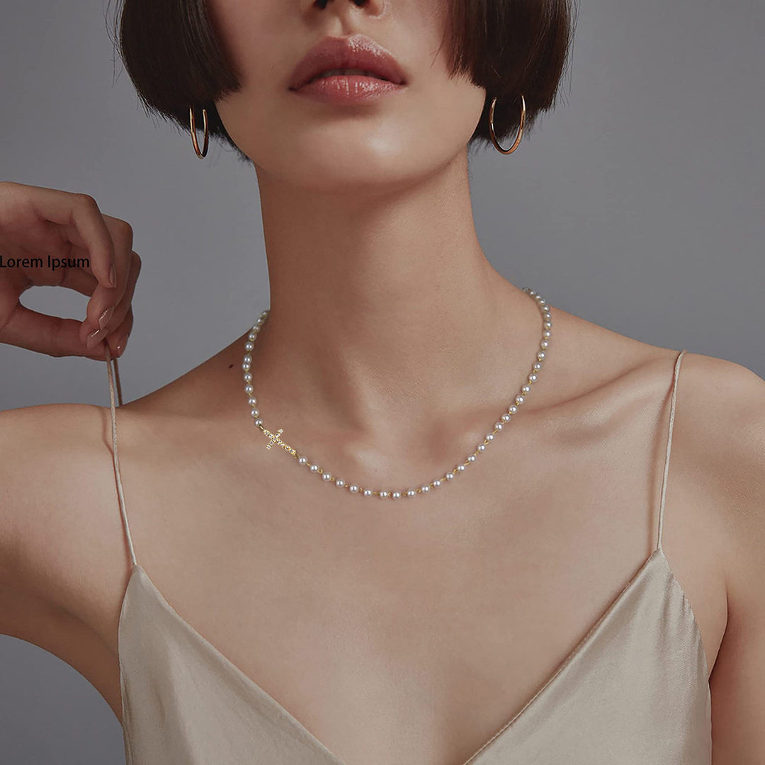 Pearl & Cross Necklace & Bracelet Set (Light Luxury Minimalist Elegance Style)