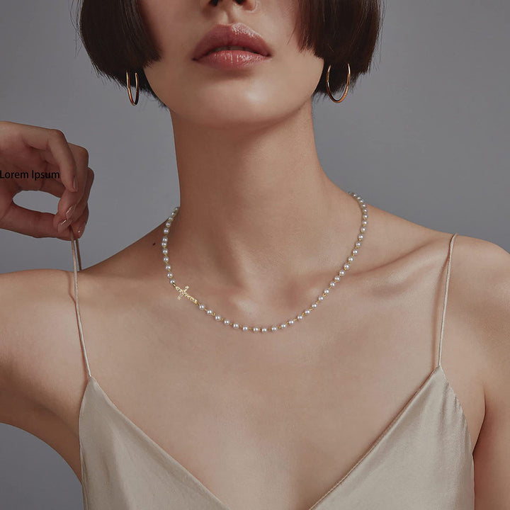 Pearl & Cross Necklace & Bracelet Set (Light Luxury Minimalist Elegance Style)
