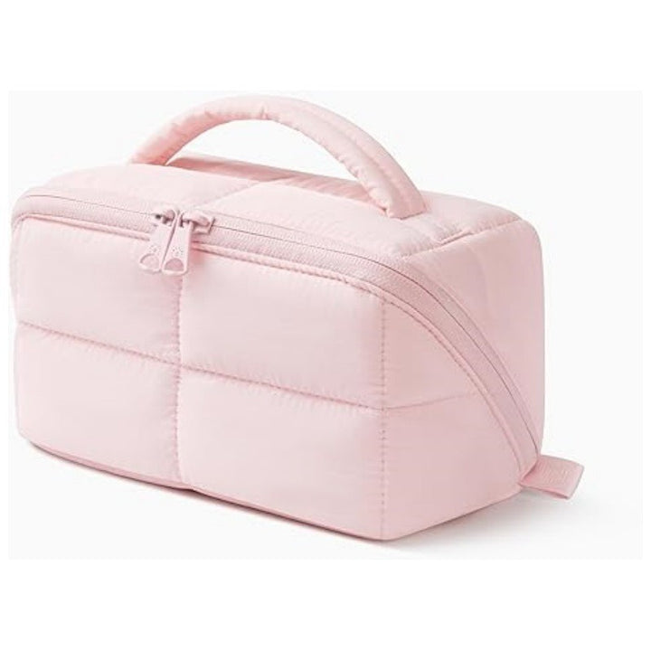 Solid Color Quilted Divided Handheld Makeup Bag, Large Capacity Multi-Compartment Portable Toiletry Storage Case