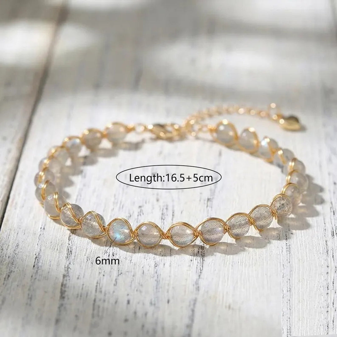 Hand‑Wrapped Natural Crystal Bracelet With Heart‑Shaped Extender, 4 Colors Available