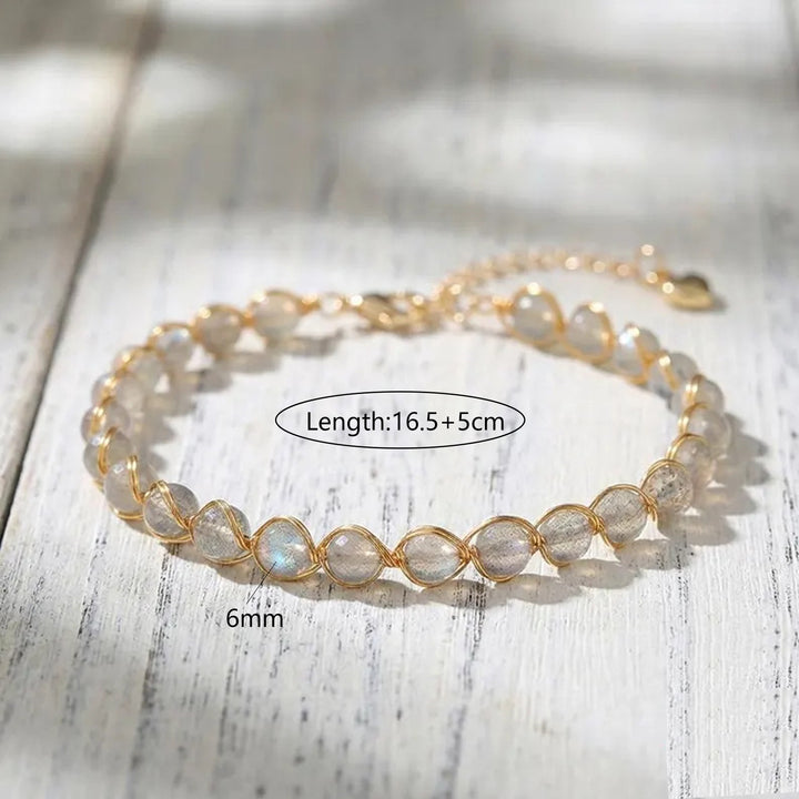 Hand‑Wrapped Natural Crystal Bracelet With Heart‑Shaped Extender, 4 Colors Available