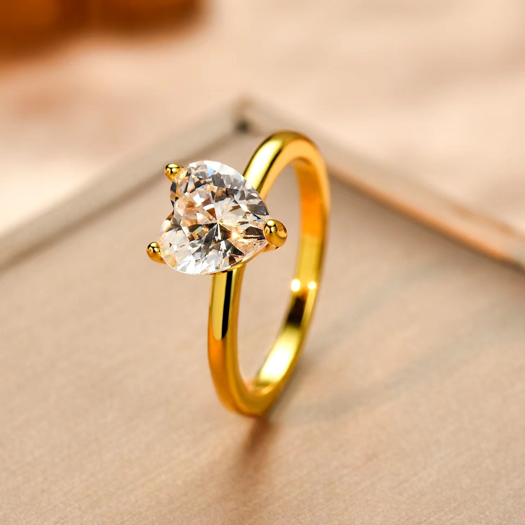Heart Diamond Three-Prong Solitaire Ring (2 Colors Delicate Engagement Band)