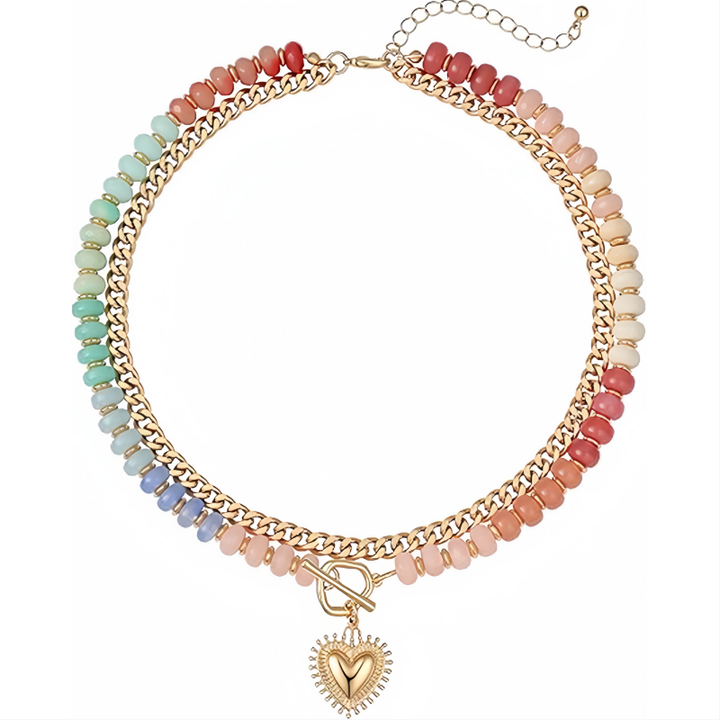 Rainbow Beaded Curb Chain Heart Pendant Necklace (Boho Layered Choker)