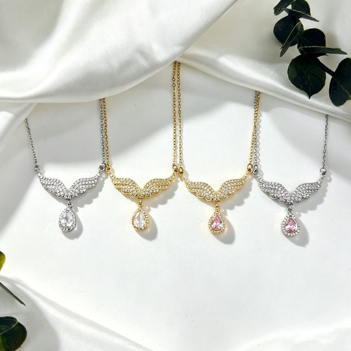 Angel Wing Teardrop Diamond Collarbone Necklace, Multiple Wing Styles Pink & White Diamond 14K Gold Plated Dainty Ladies Necklace