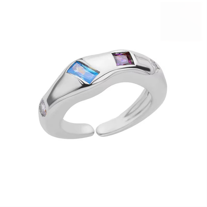 Irregular Curved Color‑Stone Open‑Band S925 Sterling Silver Ring, Multiple Colors Available