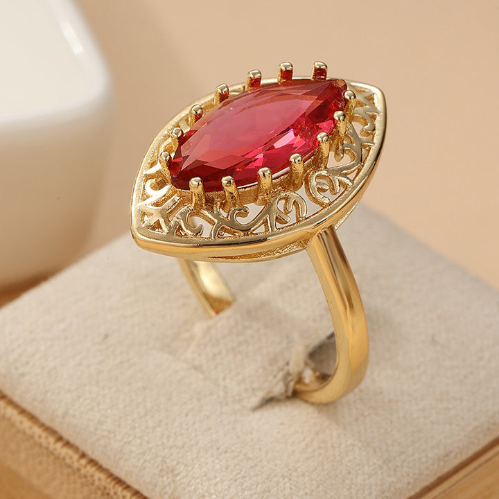 S925 Silver Gold‑Tone Marquise Red Stone Openwork Ring, Vintage Royal‑Style Women Band
