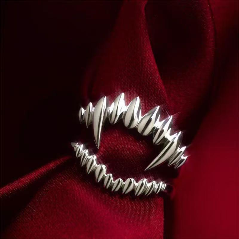Vintage Vampire Fangs Open Ring, S925 Silver Dark Gothic Adjustable Unisex Band