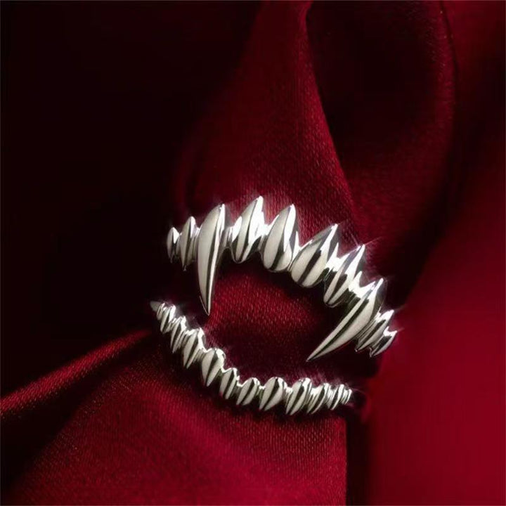 Vintage Vampire Fangs Open Ring, S925 Silver Dark Gothic Adjustable Unisex Band