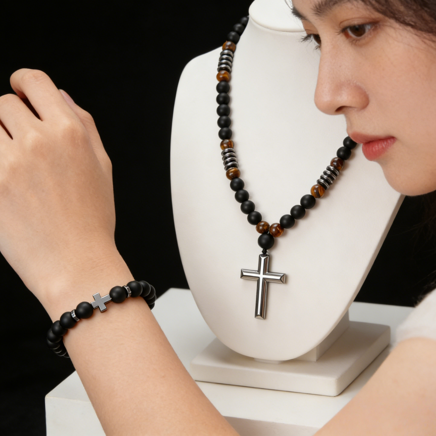 Matte Black Agate Cross Jewelry Set (Bracelet + Necklace)