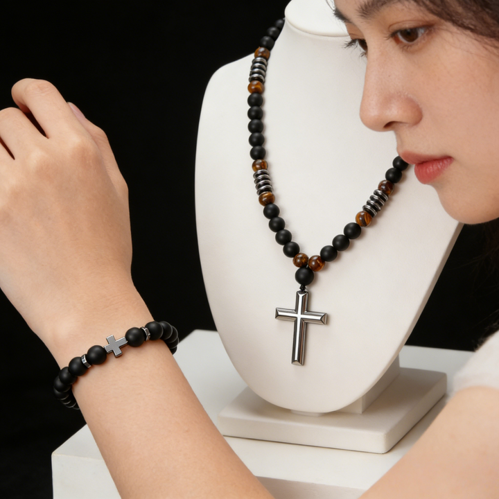 Matte Black Agate Cross Jewelry Set (Bracelet + Necklace)