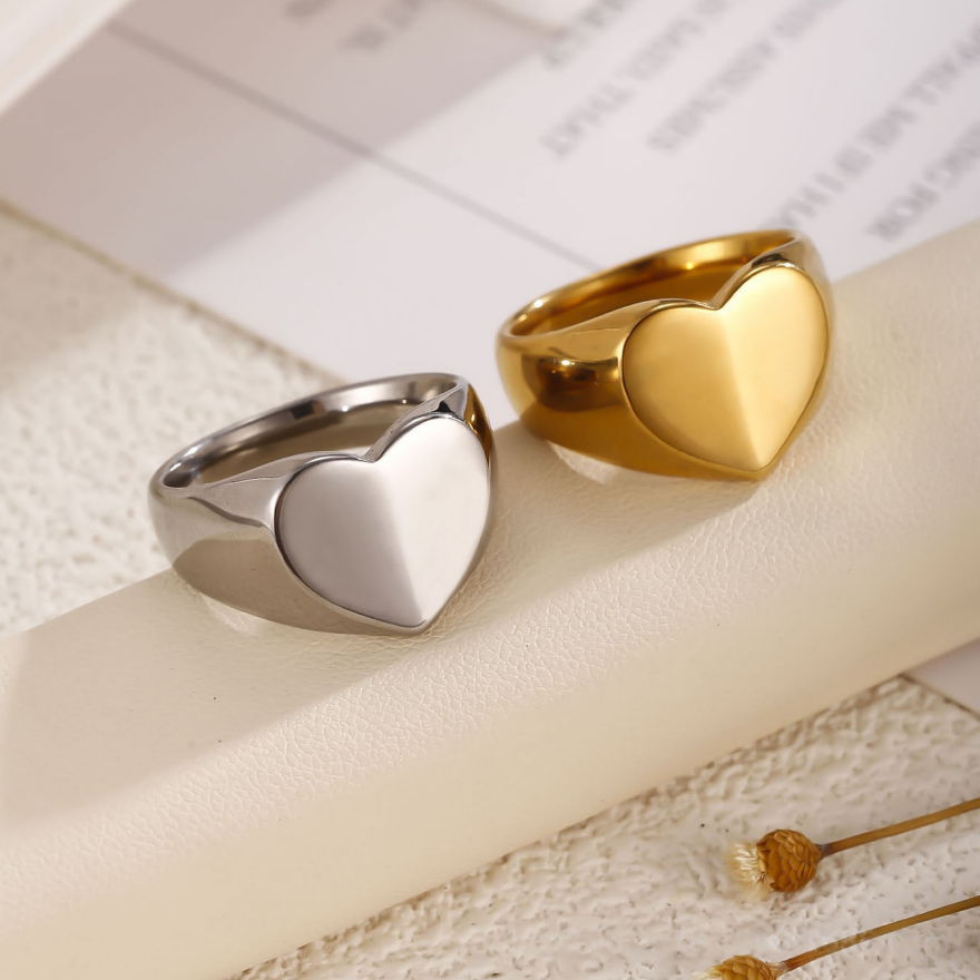 Polished Heart Signet S925 silver Ring, Silver & Gold Solid Heart Wide Band Ring