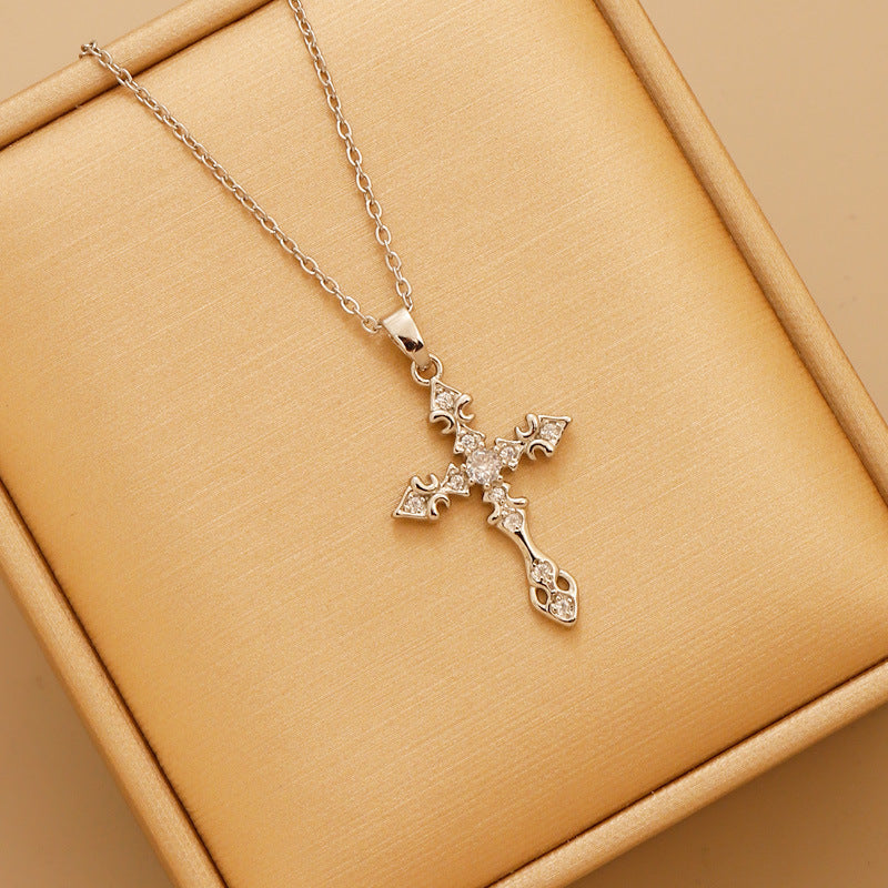 Vintage Engraved Cross Diamond Necklace, S925 Sterling Silver European Pattern Cross Pendant, Gold & Silver Two-Tone Niche Clavicle Chain
