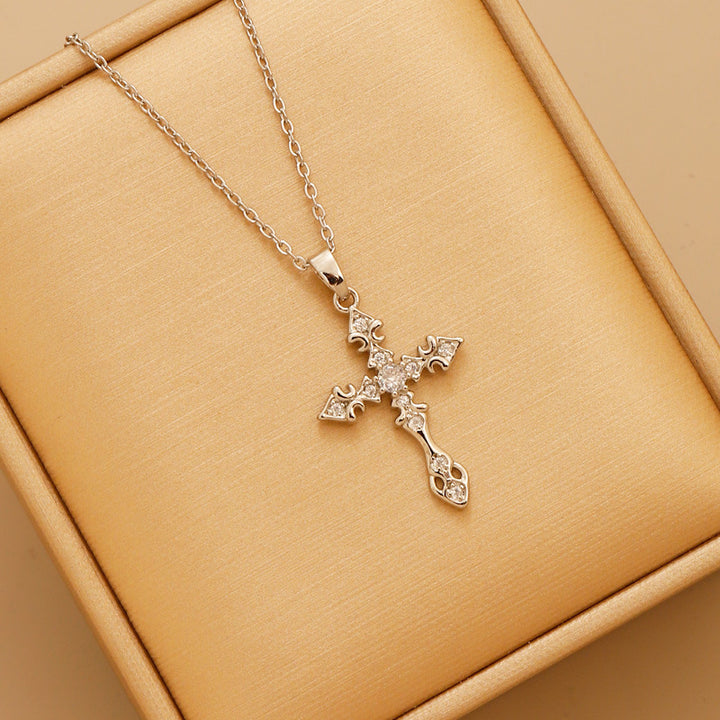 Vintage Engraved Cross Diamond Necklace, S925 Sterling Silver European Pattern Cross Pendant, Gold & Silver Two-Tone Niche Clavicle Chain
