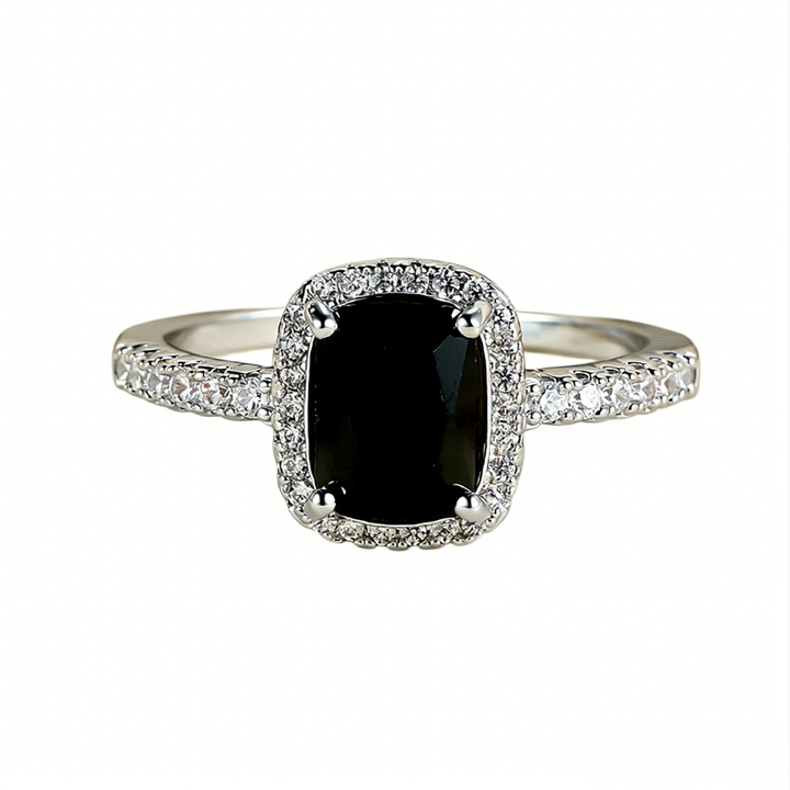 Black Cushion Cut Halo Ring (Light Luxury Niche Edgy Band)