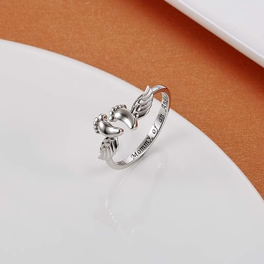 Mommy of an Angel Baby Footprint Wing Open Ring, S925 Silver Remembrance Memorial Band For Women