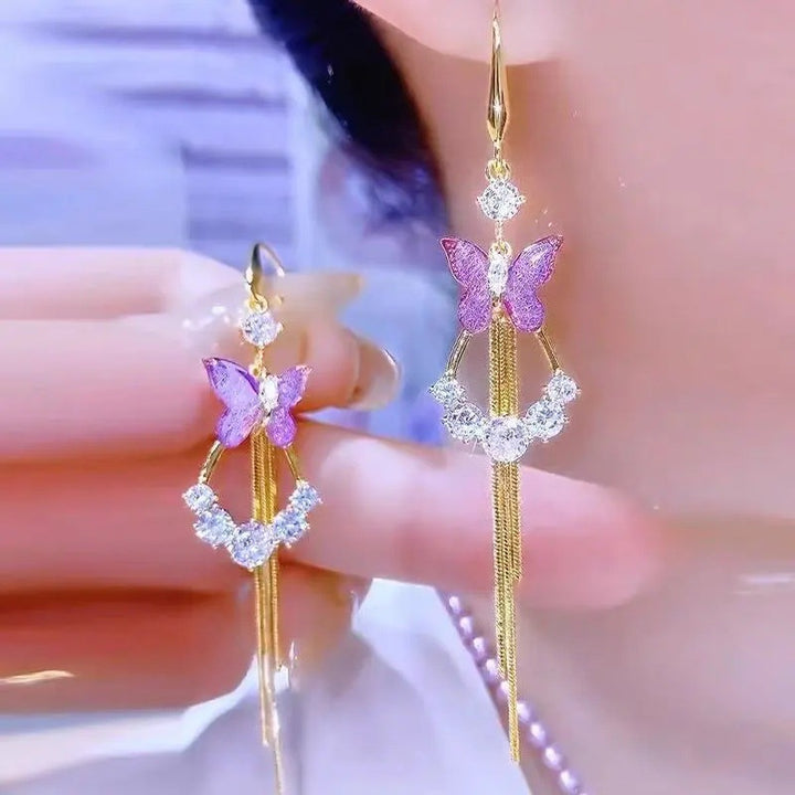 Colorful Butterfly Long Tassel Hook Earrings, Gradient Butterfly Diamond Dangle Earrings, Two Colors Available