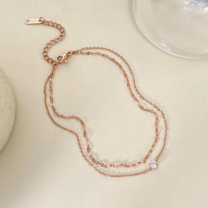 Double Layer Shiny Chain Single Diamond Anklet, Gold Silver Rose Gold Adjustable Summer Beach Ankle Jewelry for Women