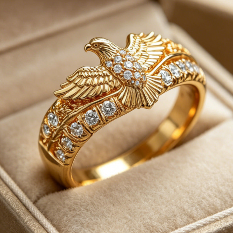 3D Eagle Embossed Pave Diamond Gold-Tone Men’s Wide Ring, Solid S925 Silver Vintage Heavy Eagle Totem Gem Band