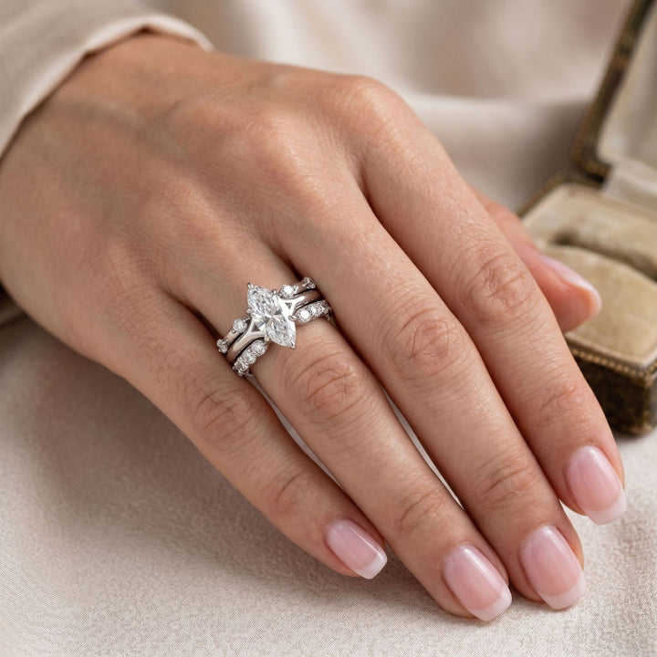 Marquise‑Cut Main Diamond Double Stackable S925 Sterling Silver Ring,2‑Tone Available