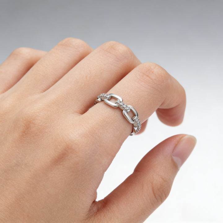 Pig Nose Chain diamond Open Ring (Silver Tone Delicate Everyday Band)