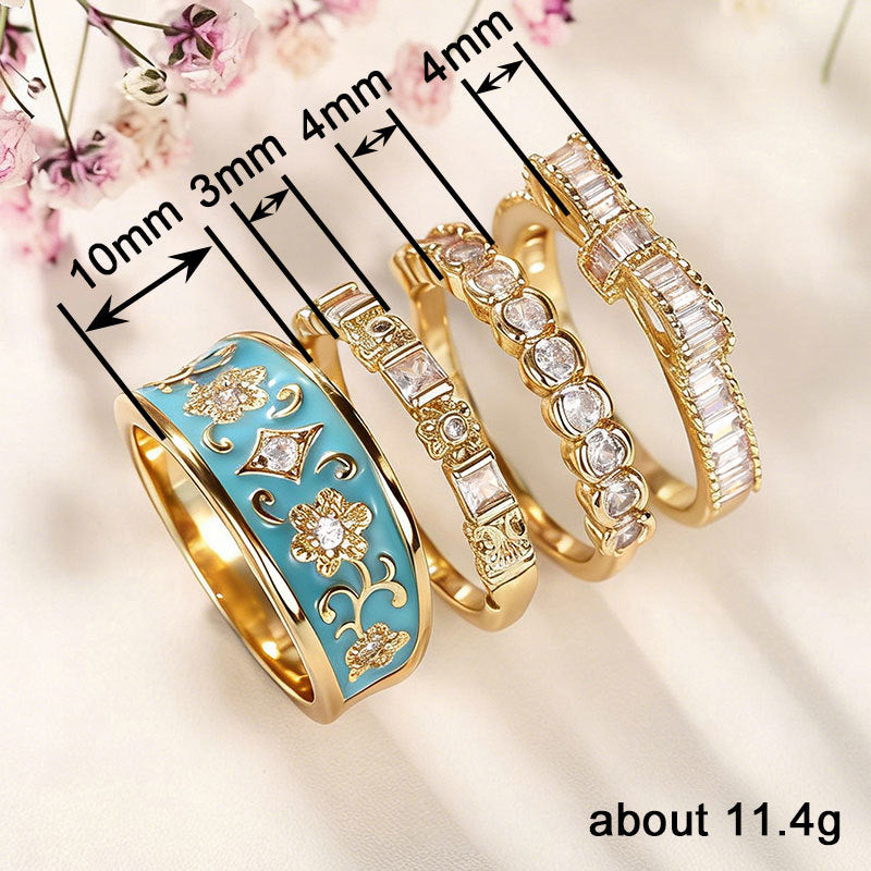 French Enamel Floral Pave Diamond 4-Piece Stackable Ring Set, Solid S925 Silver Gold Tone Vintage Palace Band Set