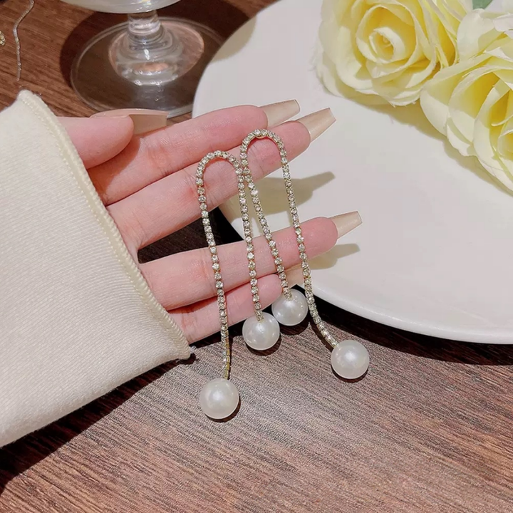 Pavé U-Shape Pearl Drop Threader Earrings (2 Colors Delicate Luxury Jewelry)