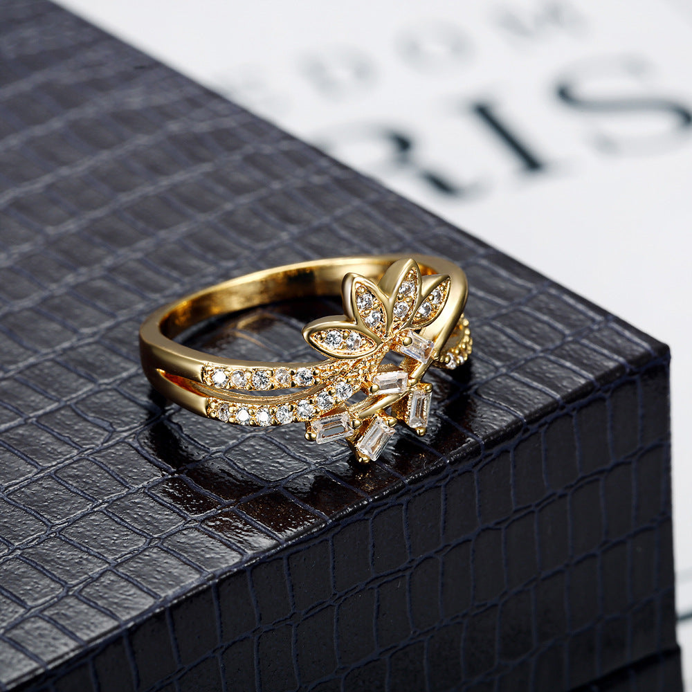 Gold Floral Branch Diamond S925 Silver Ring