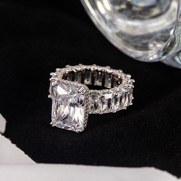 Emerald Cut Center Stone 4 Prong Ring, Luxury Side Baguette Diamond Engagement S925 Silver Ring