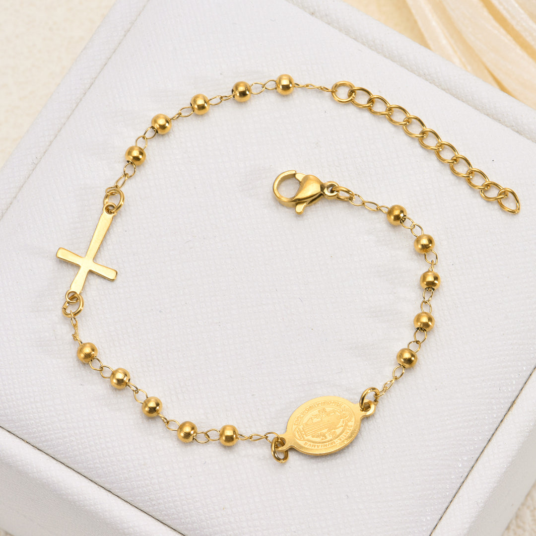 Beaded Chain Cross & Saint Medal Bracelet, Gold & Silver Minimal Religious Jewelry