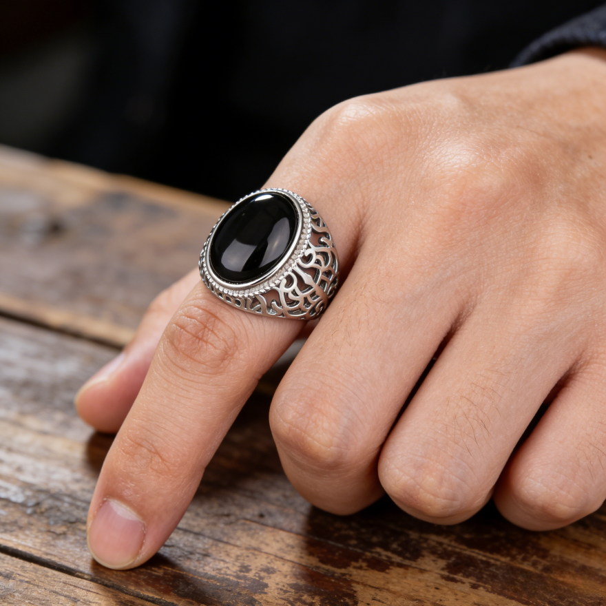 S925 Silver Black Onyx Openwork Carved Men's Ring (Vintage Luxury Gentleman's Band)