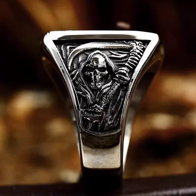 Vintage Grim Reaper Scythe Skull Embossed Signet Ring, S925 Silver Antiqued Dark Biker Wide Band For Men