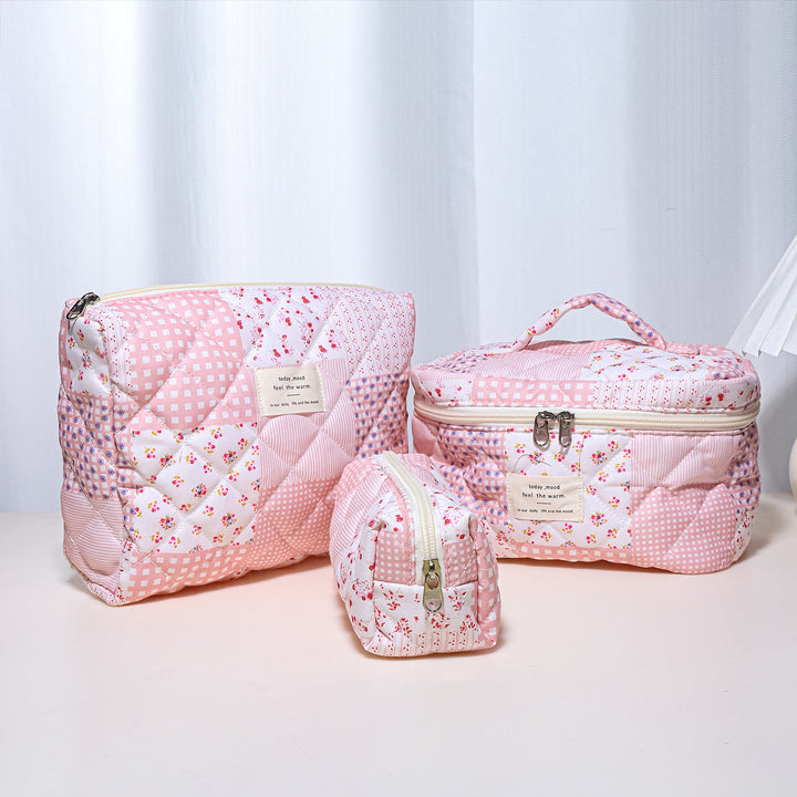Floral Quilted 3-Piece Makeup Bag Set, Large Capacity Handheld Cosmetic Bag Portable Storage Pouch & Pencil Case Kit