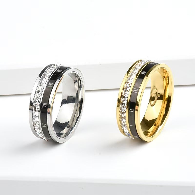 Rotatable Roman Numeral Diamond Inlaid Ring, 3-Color European Luxury Stress Relief Wide Couple Band