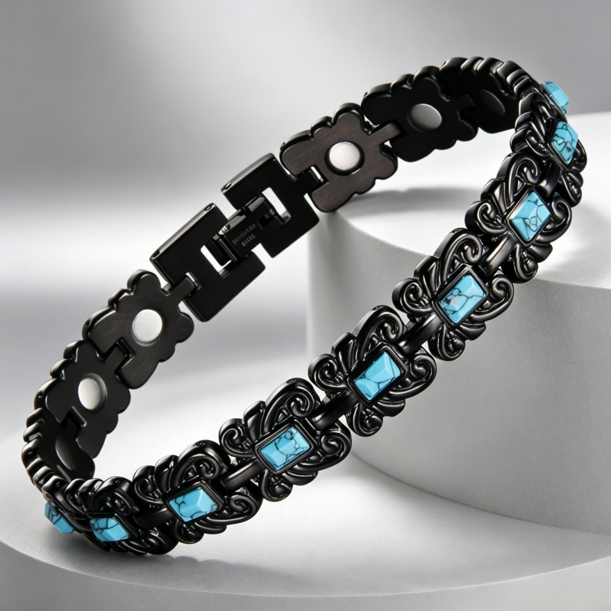 Vintage Carved Turquoise Titanium Steel Bracelet, 2-Tone Ethnic Link Bangle for Men