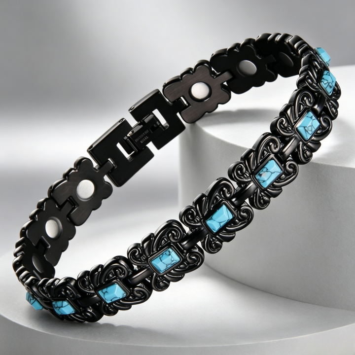 Vintage Carved Turquoise Titanium Steel Bracelet, 2-Tone Ethnic Link Bangle for Men