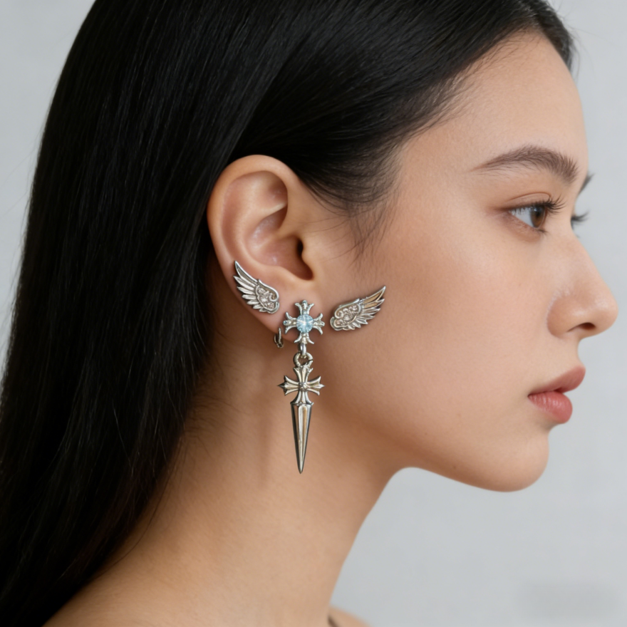 Wings & Cross Dagger Stud Set (Dark Goth Punk Earrings)