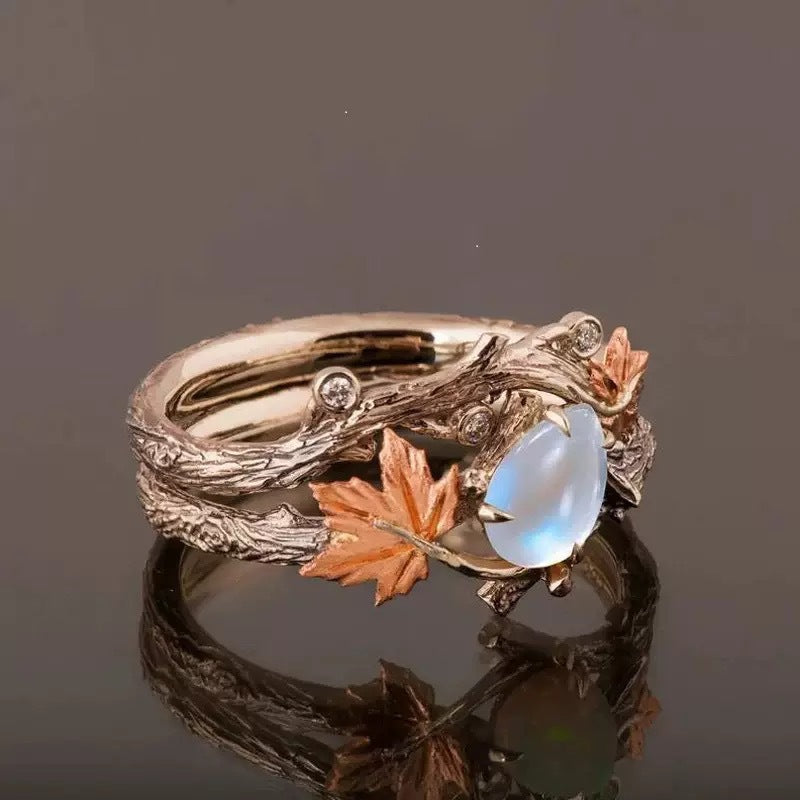 Two-Tone Vintage Branch Maple Leaf Moonstone Ring Set, Forest Style Artistic Stackable Closed Ring