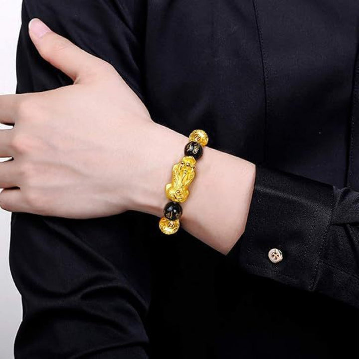 Gold‑Plated Pi Xiu Obsidian Bracelet, Six‑Word Mantra Black Round Bead Multi‑Style Men Single Strand Bracelet