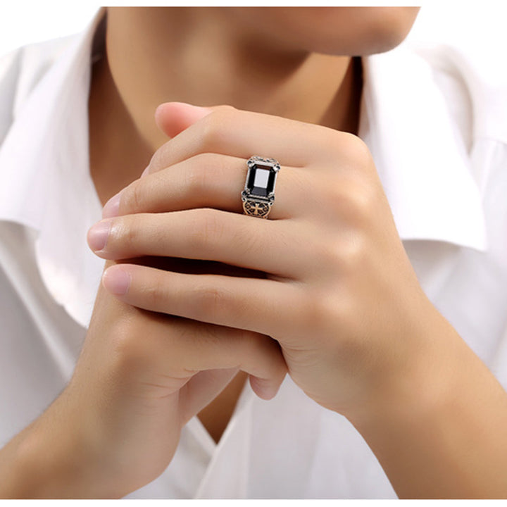 Vintage Rectangular Black Gem Cross Hollow‑Out Men's Ring