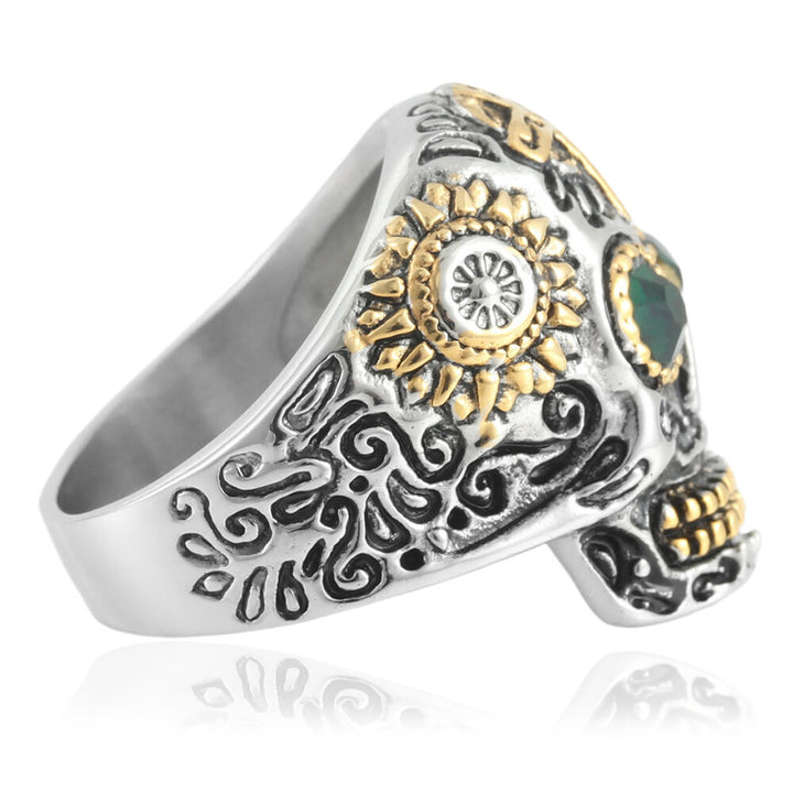 Vintage Carved Sugar Skull Cross Wide Ring, S925 Silver Antiqued Dark Alternative Band For Men