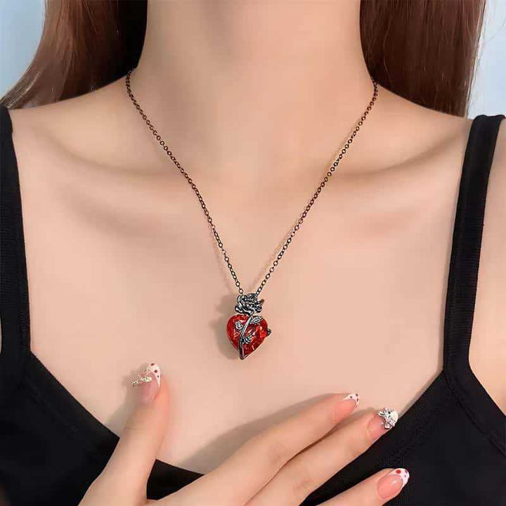 Rose-Wrapped Red Heart Diamond Necklace (2 Colors Dark/Romantic Style Pendant)