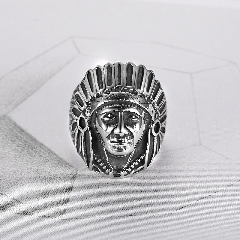 Antiqued Native American Chief 3D Embossed Wide Ring, Solid S925 Silver Tribal Heavy Men’s Band