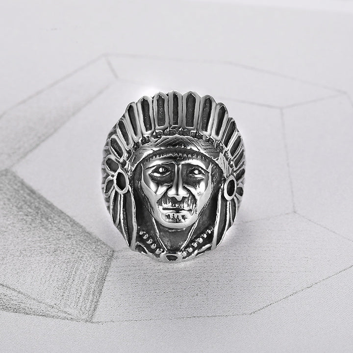 Antiqued Native American Chief 3D Embossed Wide Ring, Solid S925 Silver Tribal Heavy Men’s Band