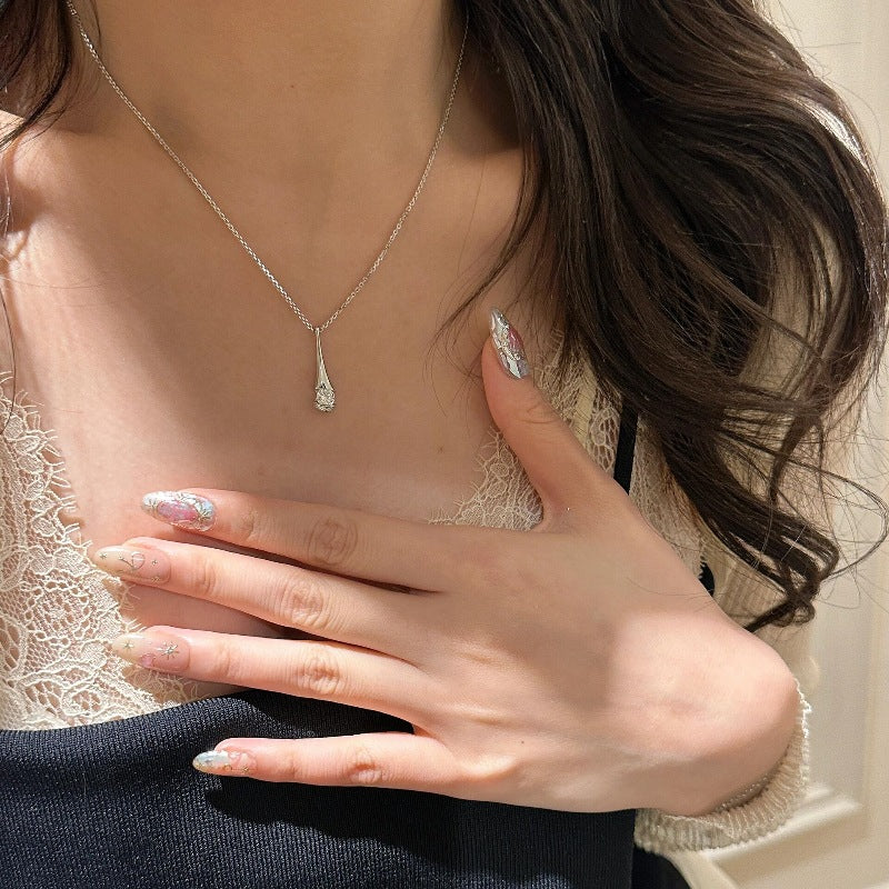 Teardrop Solitaire Clavicle Necklace, Minimalist Streamlined Diamond Thin Chain