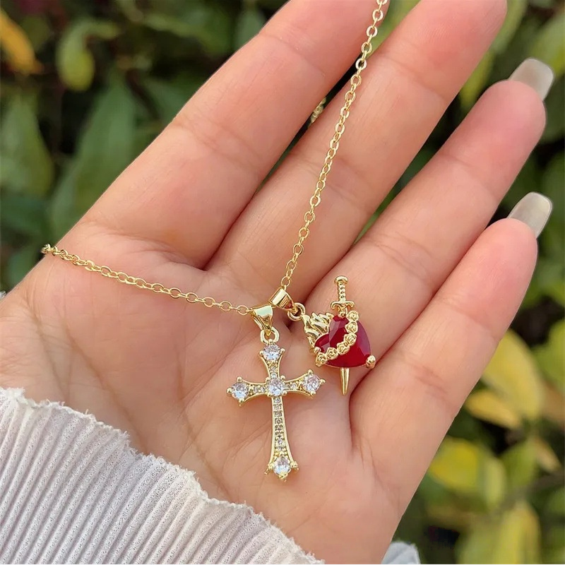 Sweet & Spicy Red Heart Cross Necklace Series (Y2K Grunge Clavicle Chain)