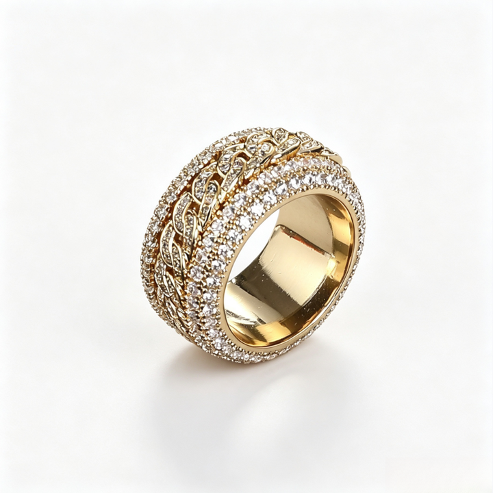Rotatable Wide Band Ring with Twisted Chain Center & Side Paved Diamonds, Heavy Hip Hop Titanium Steel Spinner Ring Gold Silver Unisex Jewelry