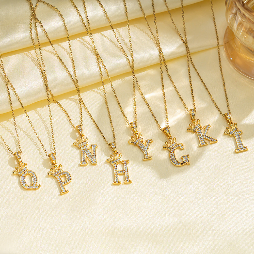 Crown Paved Diamond Initial Letter Necklace, 14K Gold Plated Personalized Dainty Chain, A-Z Available